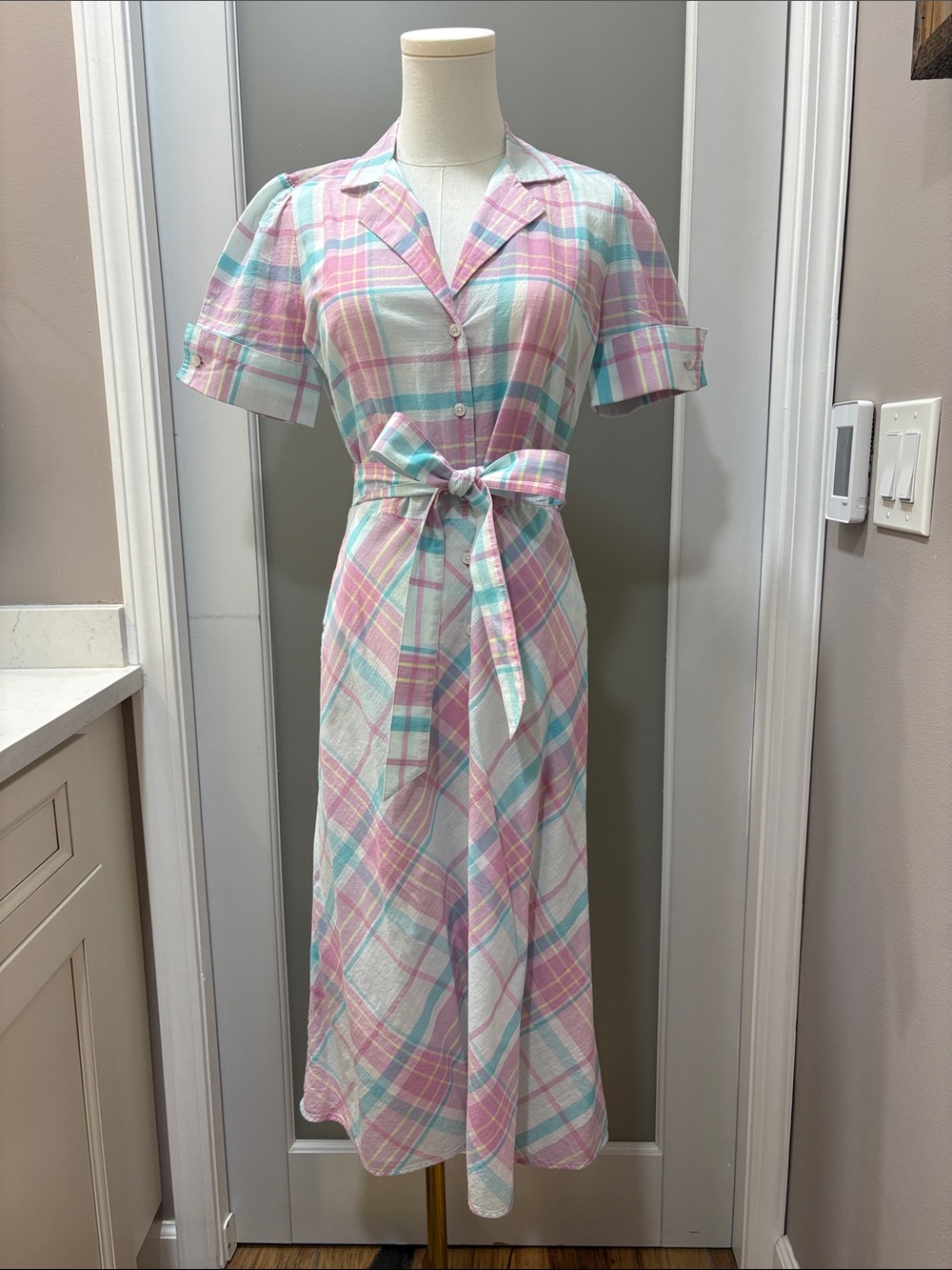 Brooks Brothers Pastel Plaid Tie-Waist Midi Dress in Pink & Mint